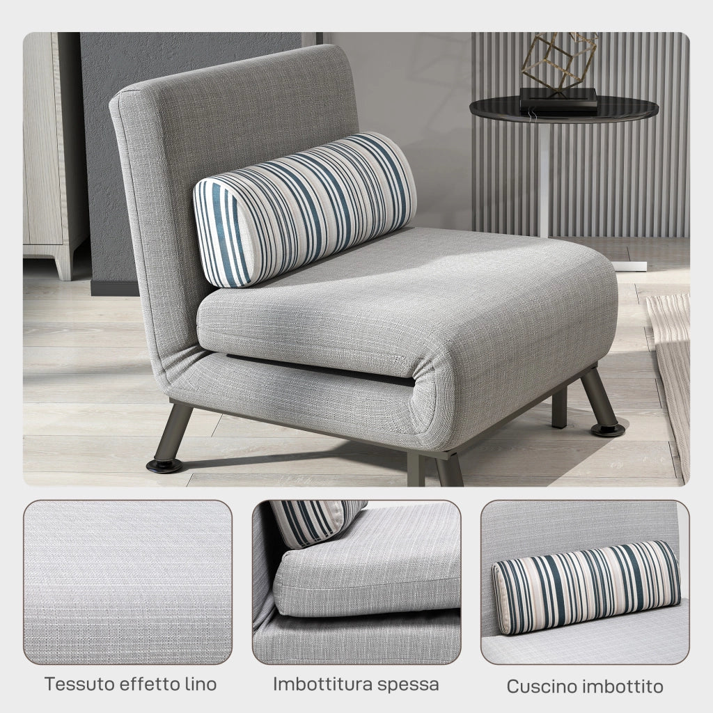 Letto Singolo Pieghevole con Materasso e Schienale Reclinabile ¨C Zephmum ¨C Grigio Chiaro, Acciaio e Lino, 75x70x75