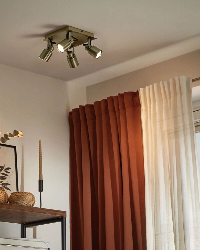 Plafoniera luce soffitto 4 fuochi faretti metallo ottone soggiorno ingresso camera da letto