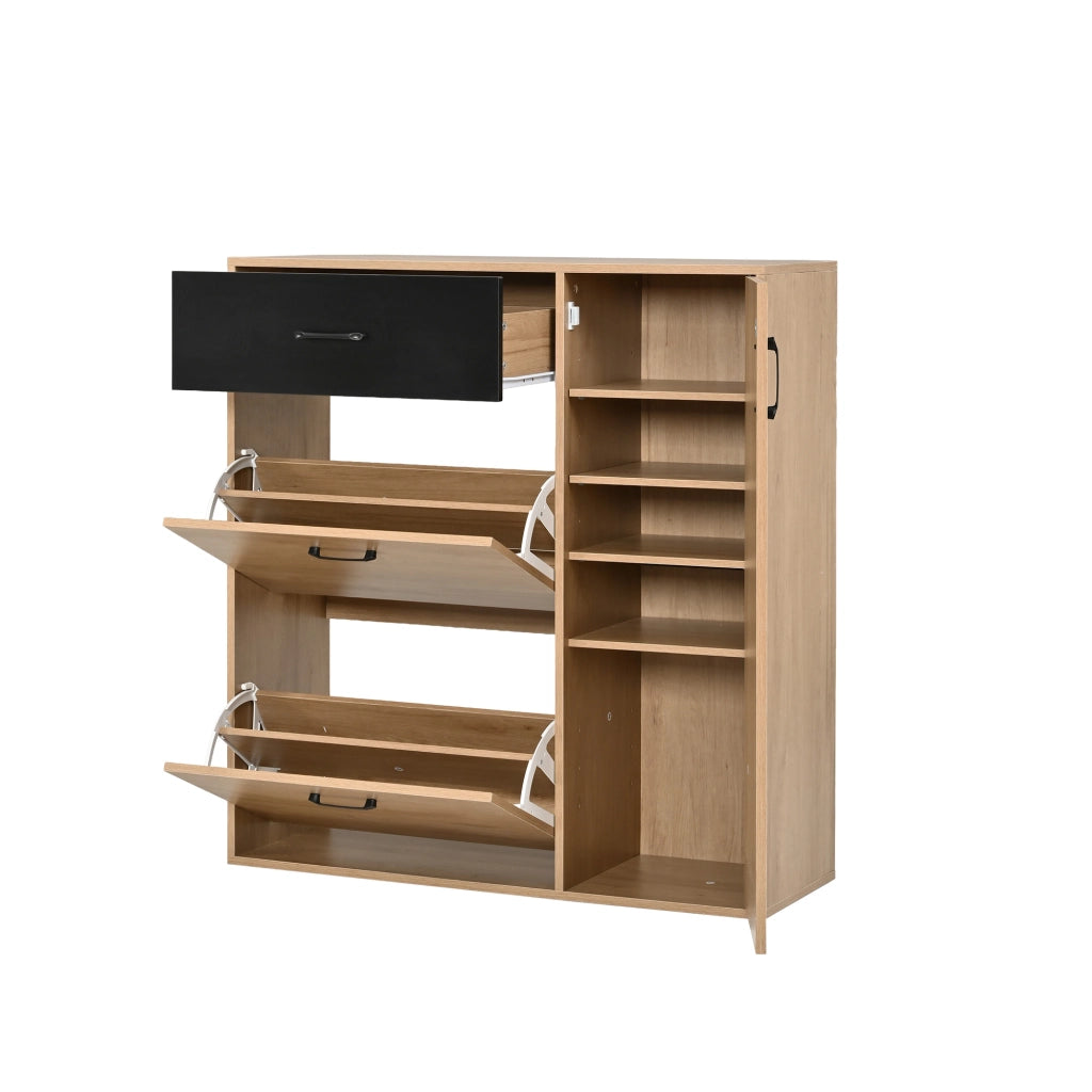 Scarpiera con 1 cassetto e 2 vani ribaltabili - per ingresso - in MDF e truciolare - 100×35×106 cm - noce e nero