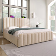 Letto matrimoniale imbottito 140x200 cm in lino beige con USB Type-C; contenitore e materasso H3
