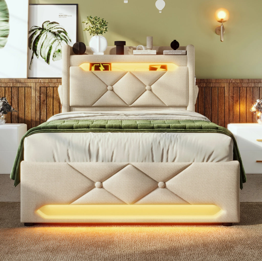 Letto Imbottito 90x200 cm Beige con LED 360°, Testiera USB-C e Contenitore Idraulico