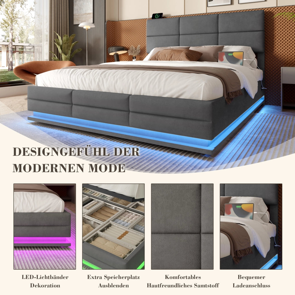 OKWISH Letto Contenitore 160×200 cm, Letto Matrimoniale con USB, Tipo C, LED Regolabile e Testiera Regolabile, senza Materasso, in Velluto, Grigio Scuro
