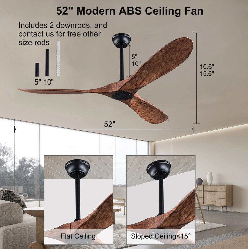 Ventilatore da soffitto 52 pollici senza luce; reversibile; con telecomando; nero e noce scuro