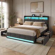Letto matrimoniale 160x200 cm tessuto grigio, testiera contenitore con ricarica USB e USB-C, LED RGB APP telecomando, 4 cassetti estraibili