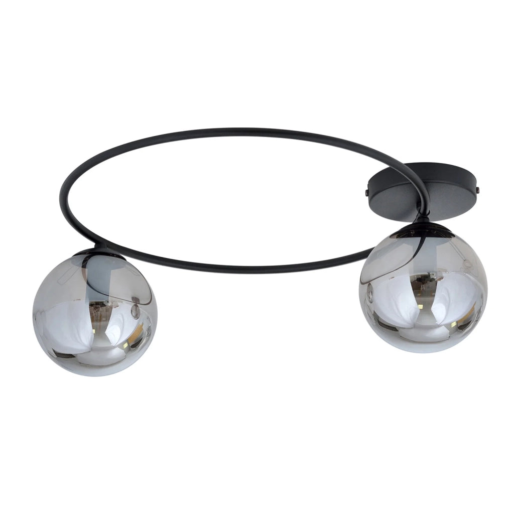 Plafoniera Minimal 2 Luci Perseo In Acciaio Nero E Sfere In Vetro Fumè
