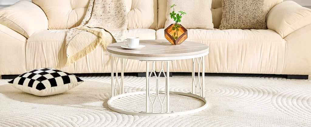 Tavolino basso rotondo in MDF effetto legno con struttura in metallo, per soggiorno, bianco, Ø 70 × 40,5 cm