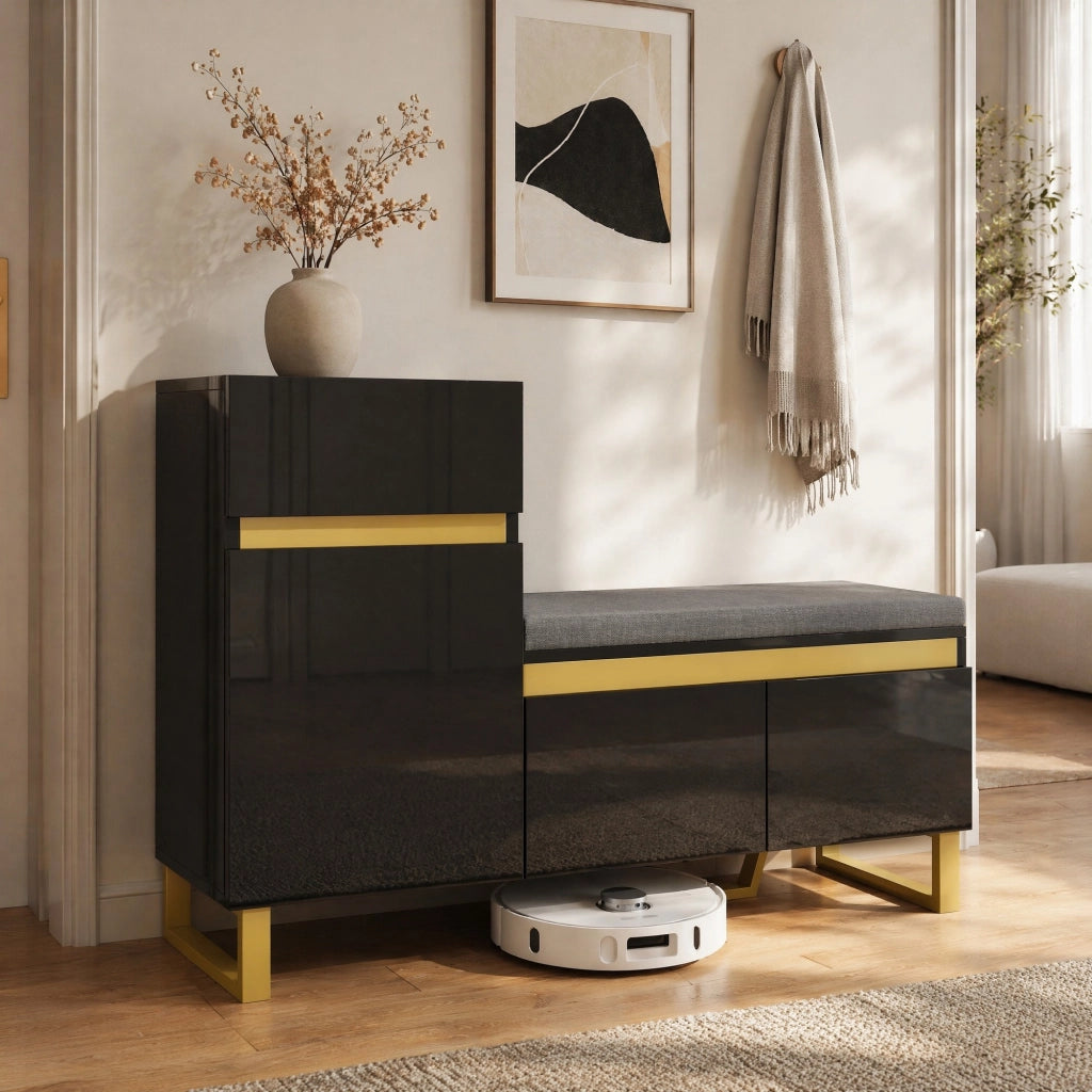 Scarpiera multifunzione con panca e cuscino; 120x35x85 cm; MDF nero lucido con dettagli oro
