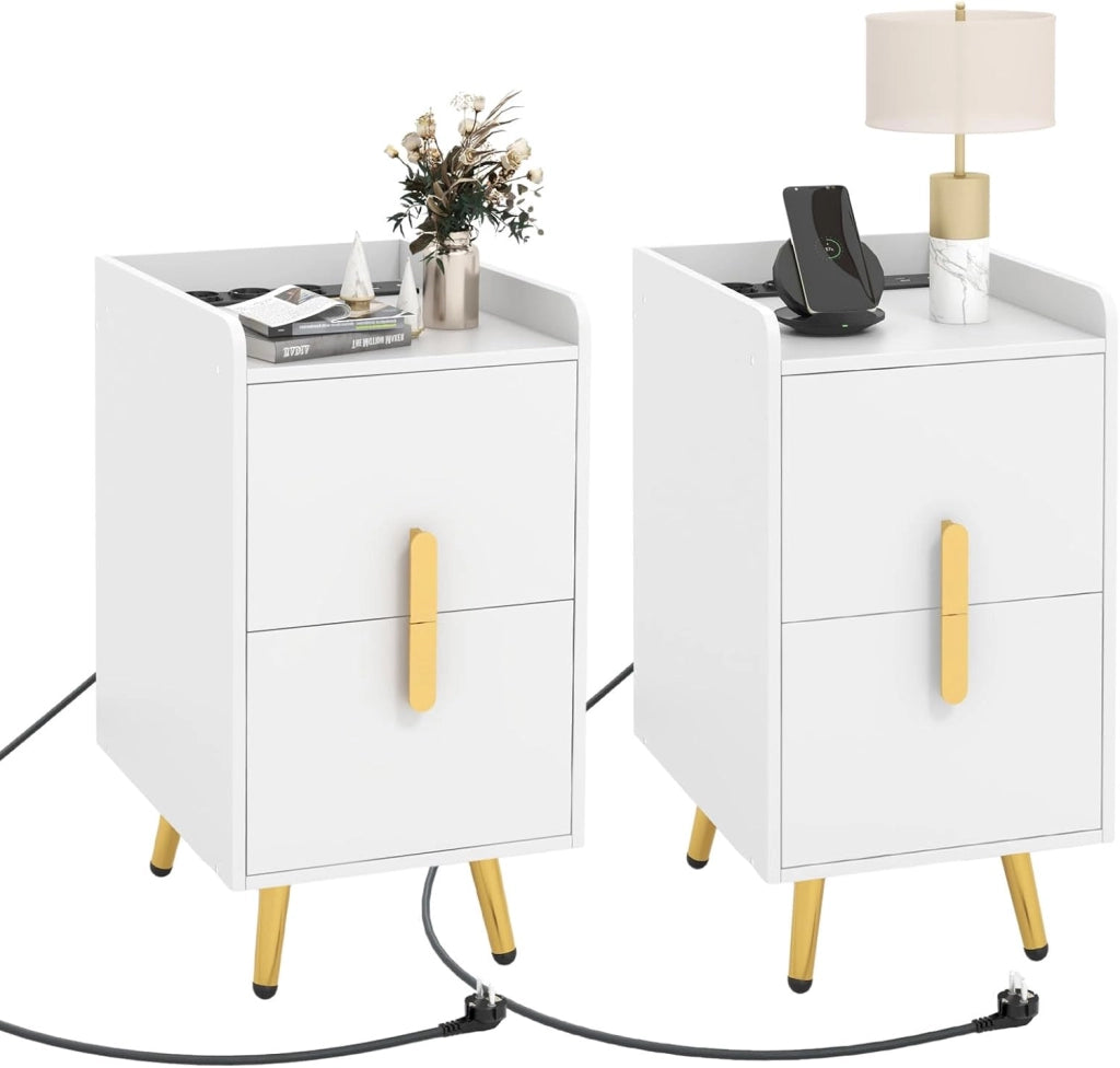 Comodino con Stazione di Ricarica, Comodino con 2 Cassetti, 2 Porte USB e 3 Prese, Tavolino Leterale con Gambe in Metallo, Portata Tolate 20 kg, 32 x 40 x 60 cm (2, Bianco)