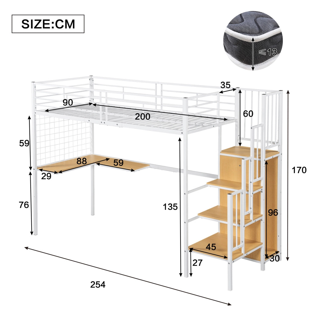 Letto a soppalco 90x200 cm con armadio; scala laterale; MDF e metallo bianco naturale
