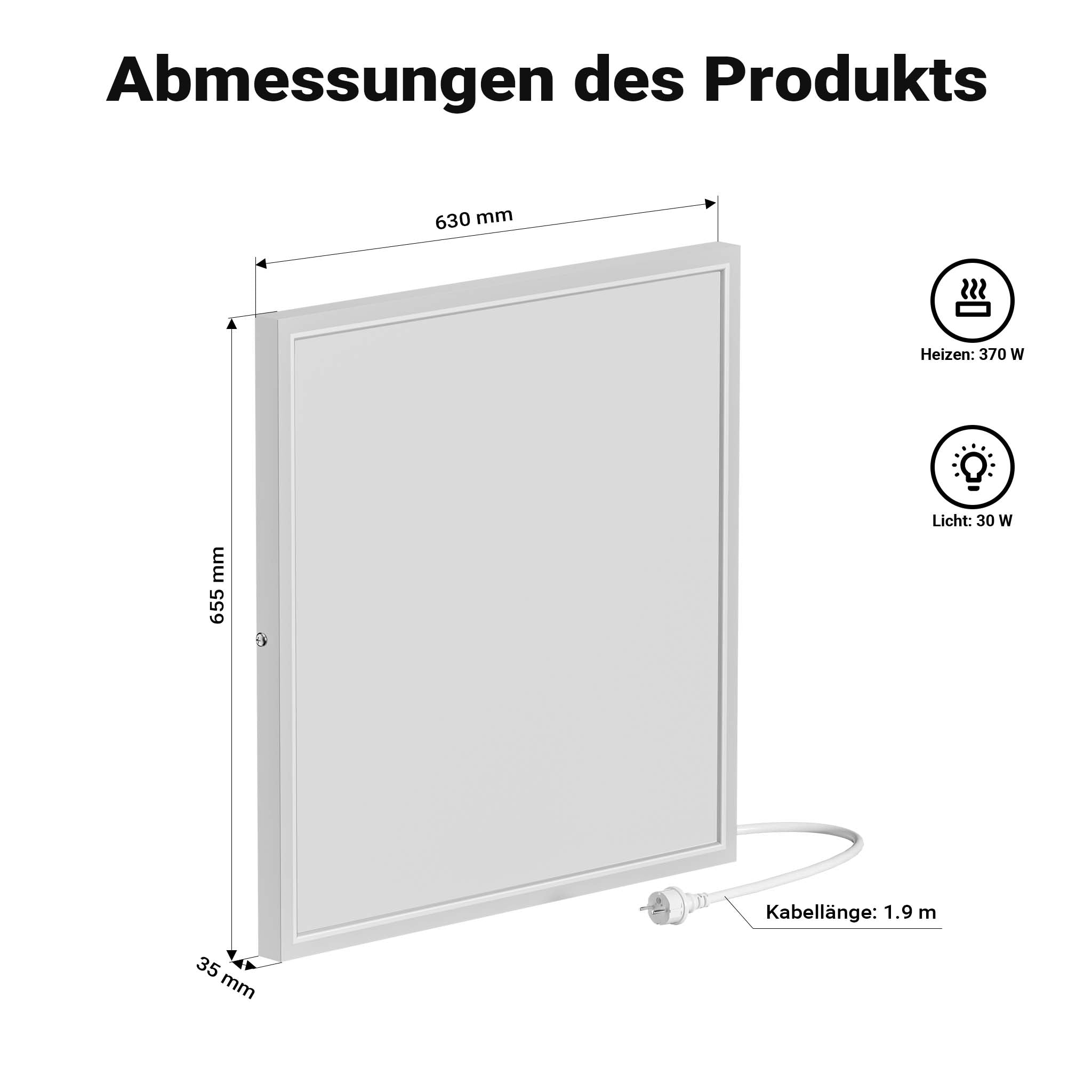 Riscaldamento a soffitto 370 W, pannello per riscaldamento a infrarossi con luce LED e termostato, 65,5 x 63 x 3,5 cm