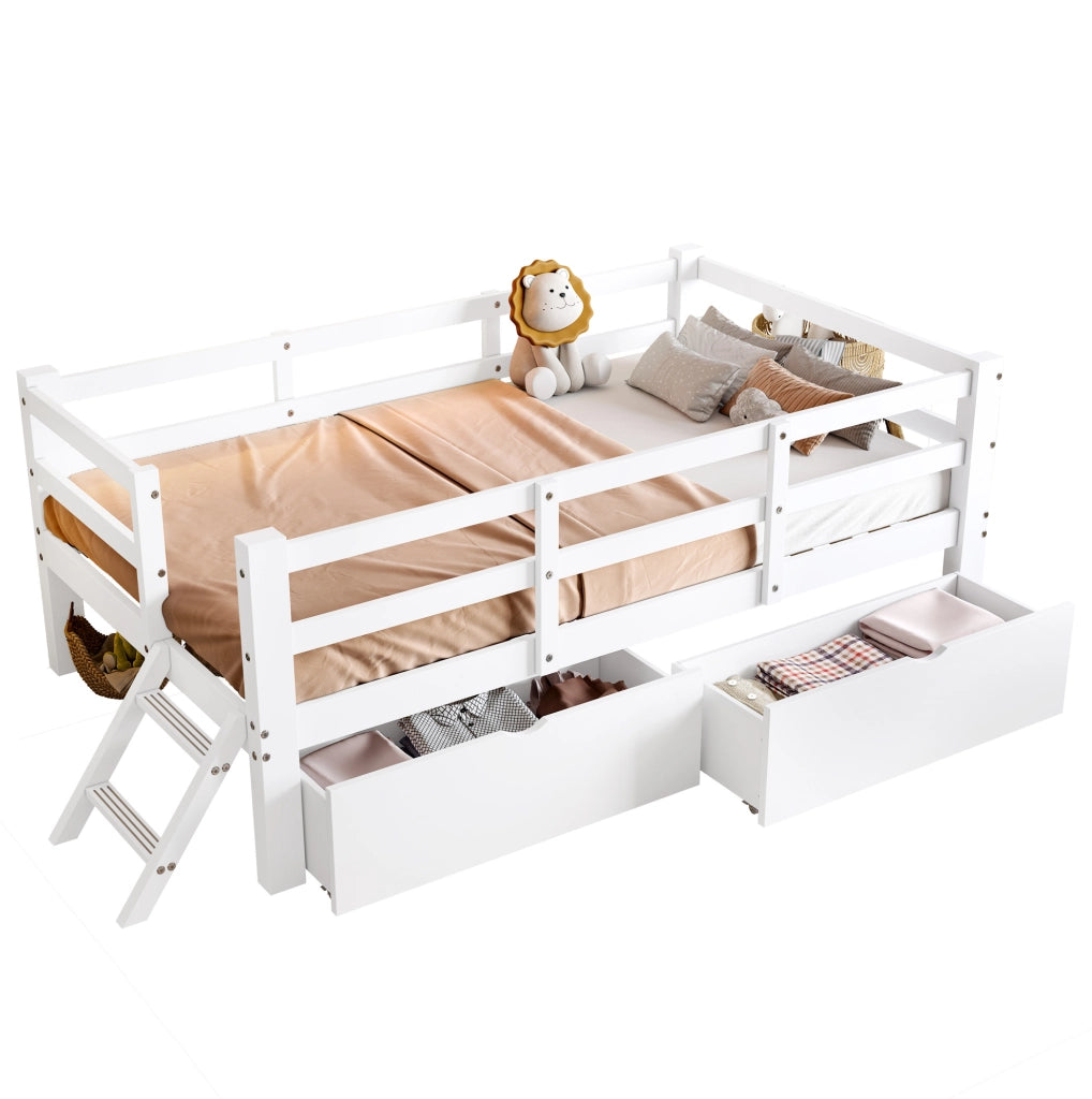 Letto a piattaforma 90x200 cm con sponde di protezione e 2 cassetti; bianco