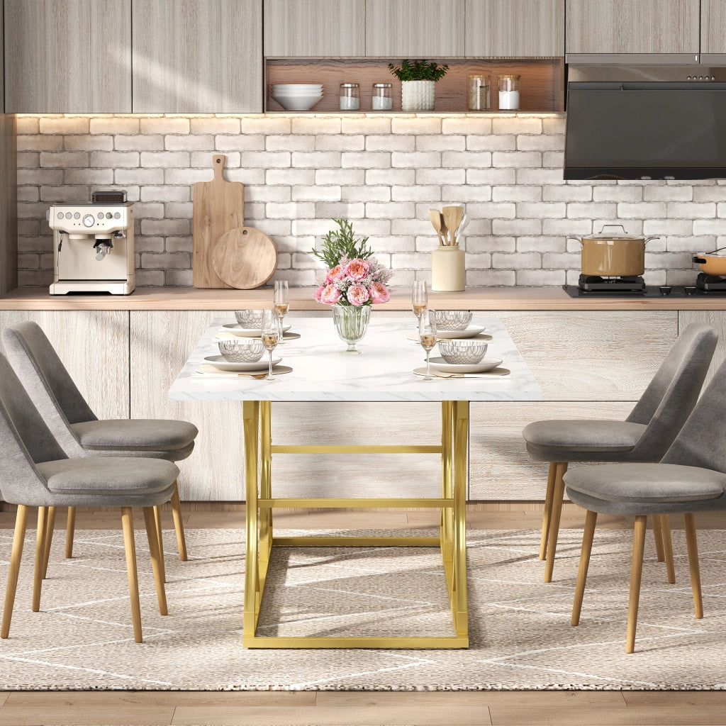 Tavolo da pranzo per 8-10 persone con piano effetto marmo e gambe in metallo dorato, per soggiorno, 200 × 80 × 76 cm