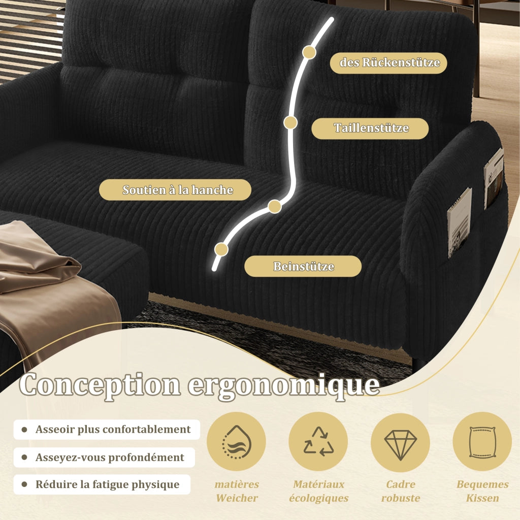 Set Poltrona con Pouf e Divano Lineare 3 Pezzi con Tasca Laterale, Seduta Profonda, in Velluto a Coste, Nero