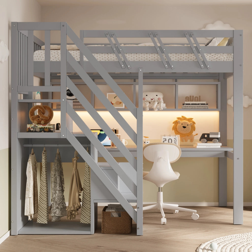 Letto a soppalco 90x200 cm con scala contenitore; scrivania; USB e LED; legno massello grigio