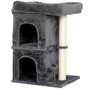 Tiragraffi per gatti, torre per gatti, 2 grotte, piattaforma, pali in sisal, compatto, grigio scuro