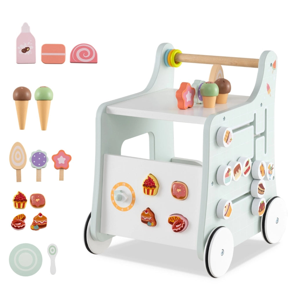 Carrello primi passi in legno con spazio di archiviazione, Carrello primi passi di dolci con gelati Verde chiaro-Primi passi
