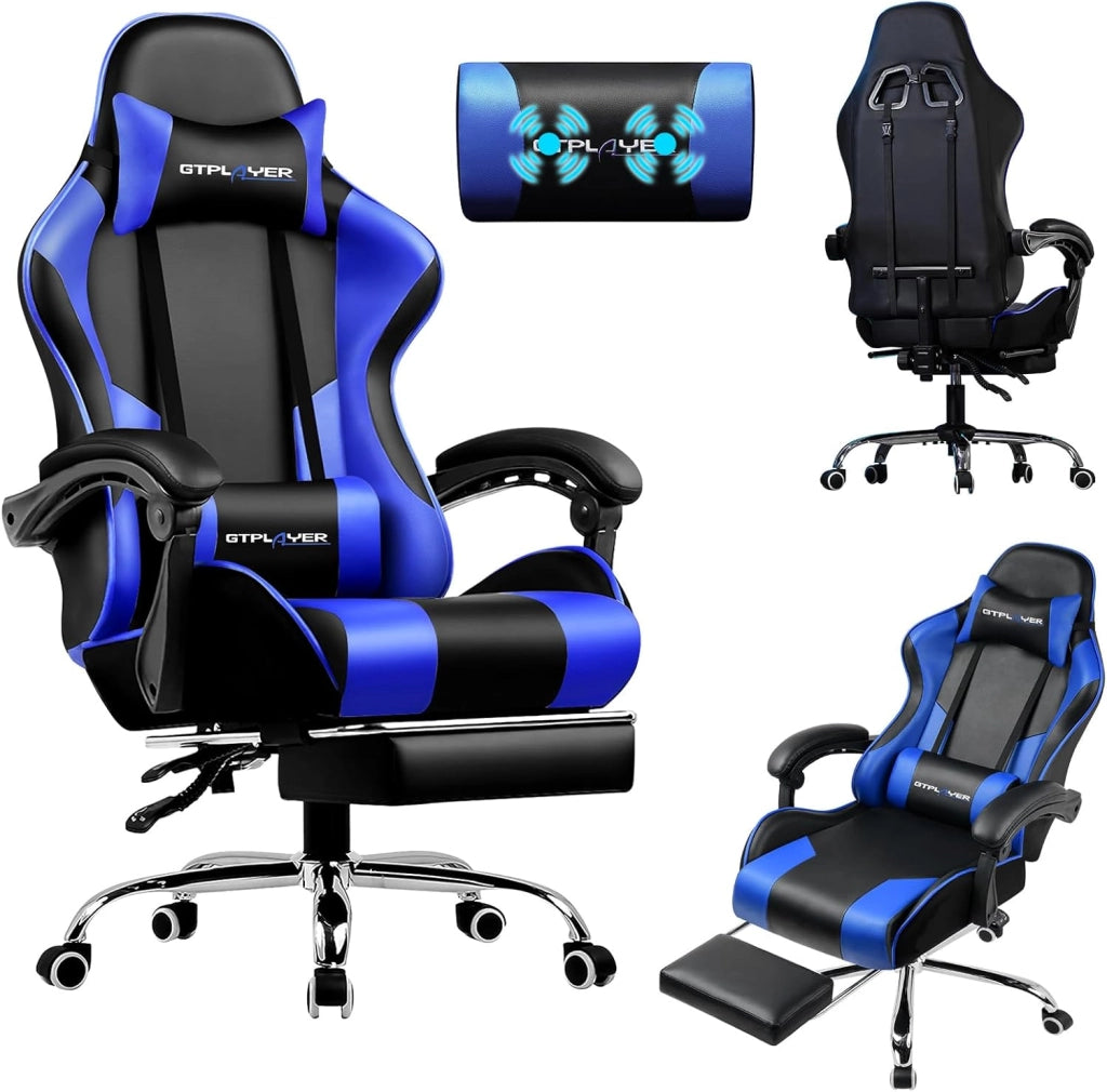 Sedia da Gaming Massaggiante ed Ergonomica con Schienale Regolabile, Poggiapiedi e Supporto Lombare - Reclinabile, Blu