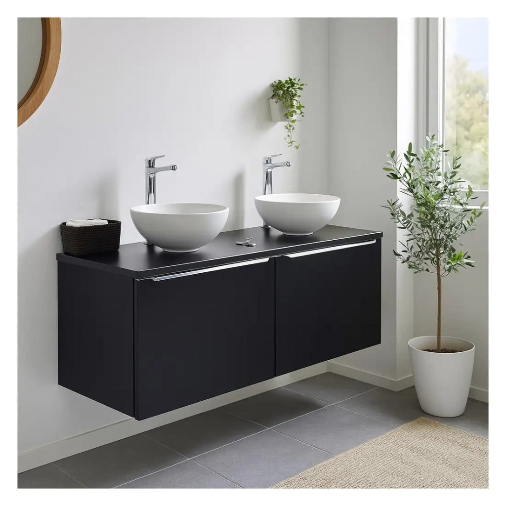 Set da bagno VANTA: mobile sottolavabo 120cm + piano per lavabo + 2 lavabi bianchi da appoggio