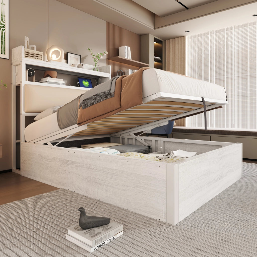 LETTO 90x200 cm con contenitore, USB, testiera imbottita, bianco