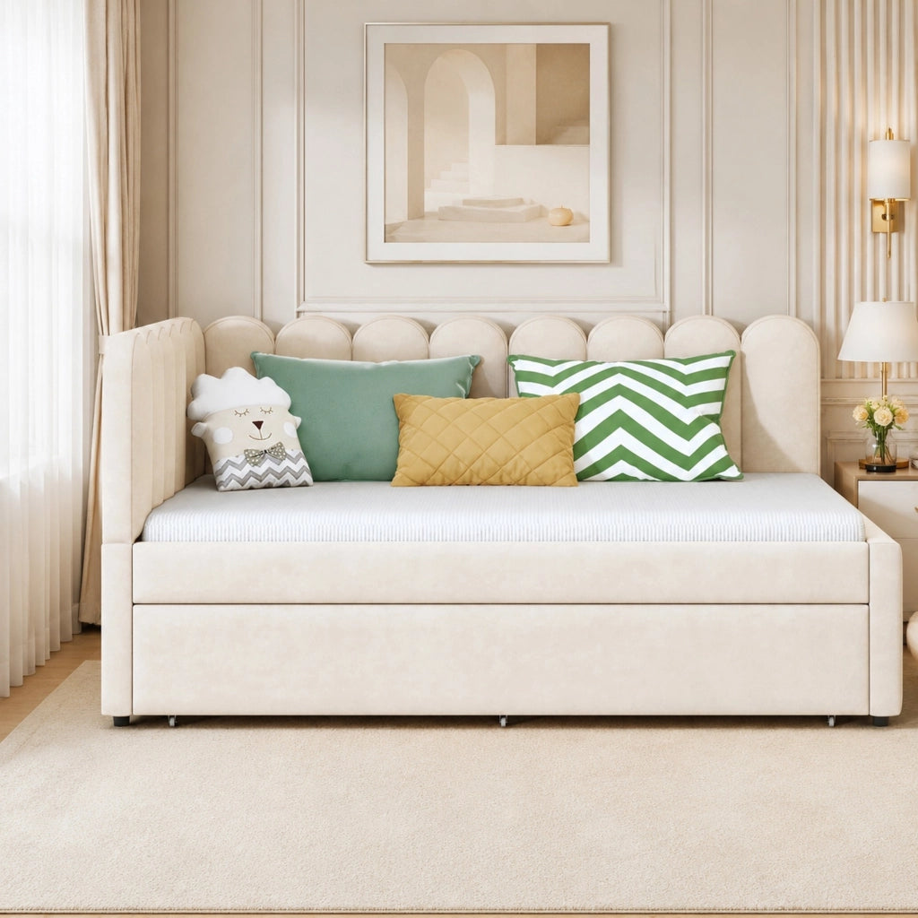 Divano letto a L 140x200 cm beige con letto estraibile