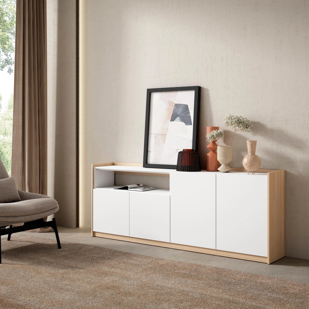 Credenza, Mobile, Cucina, 207x80x37 cm, 4 Porte, grande stoccaggio, Bianco e Rovere soft