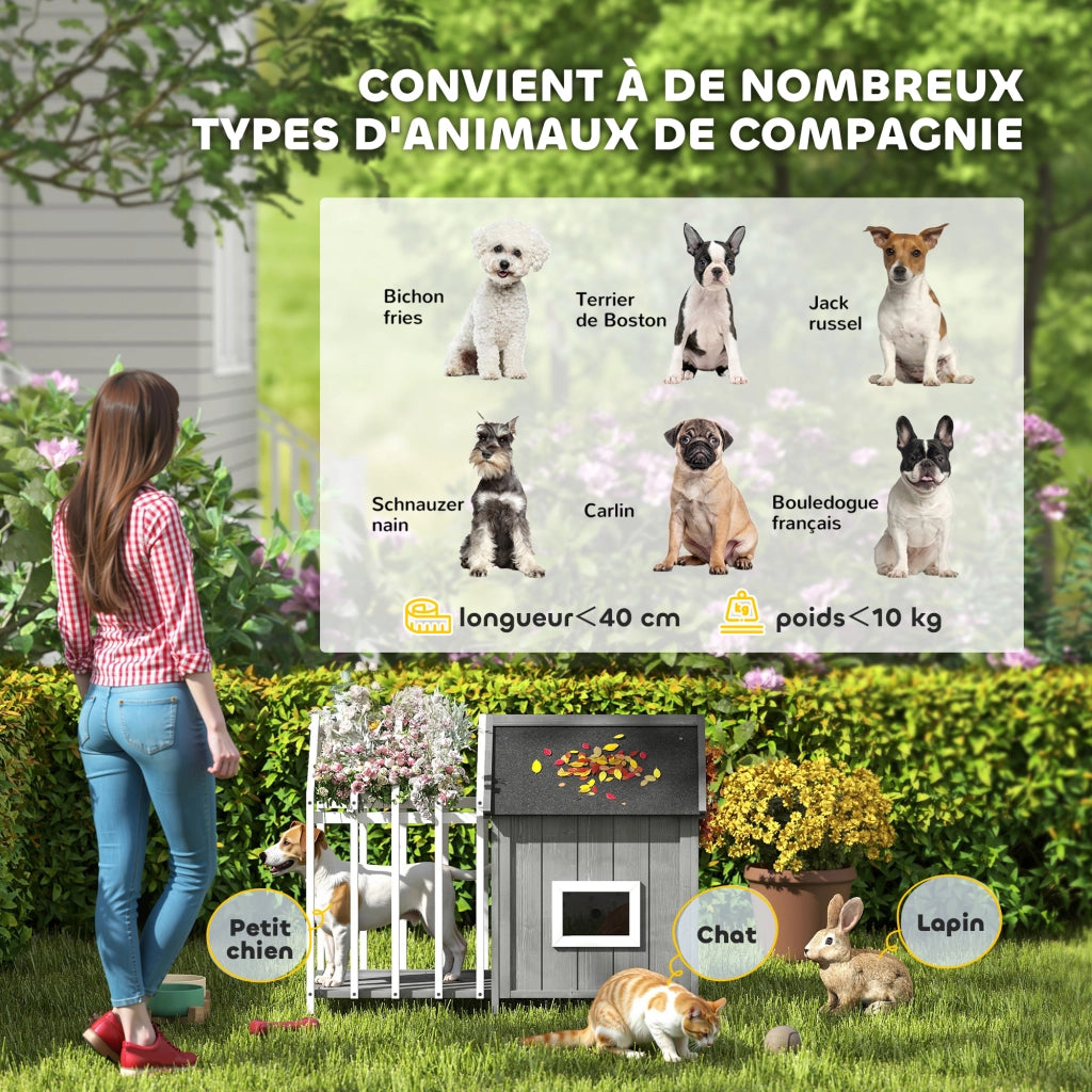 Casetta per cani esterno in legno con terrazza e porta a lamelle ¨C zephmum ¨C 106x62.5x80.5 cm grigio