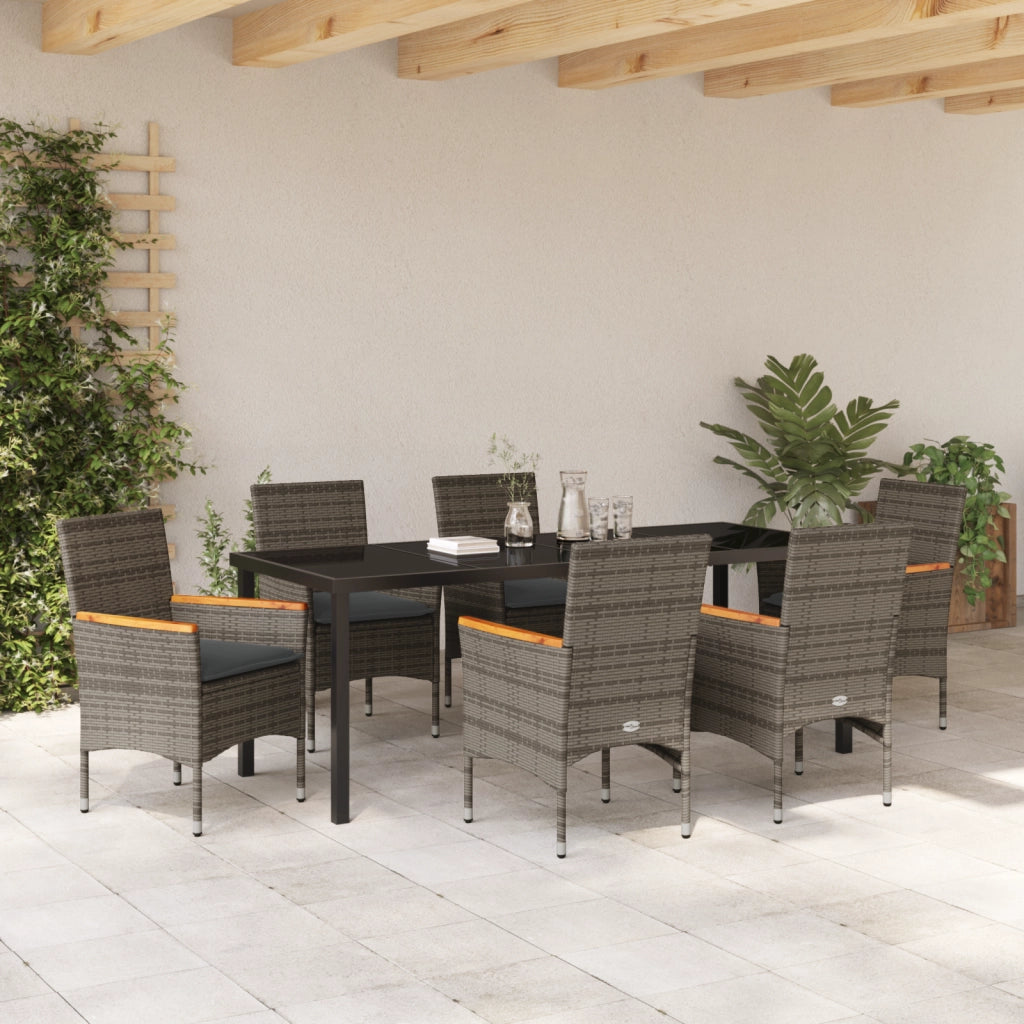Set da Pranzo da Giardino  7 Pezzi con Cuscini Rattan Polyrattan Grigio