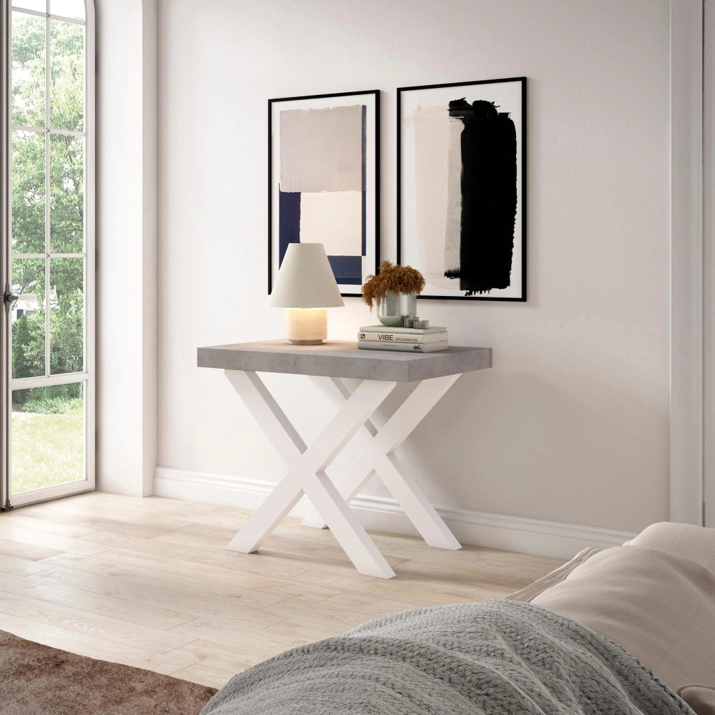 Consolle allungabile, 58 fino 180x90x73cm, Per 8 persone, Gambe in legno, grigio cemento RF2770