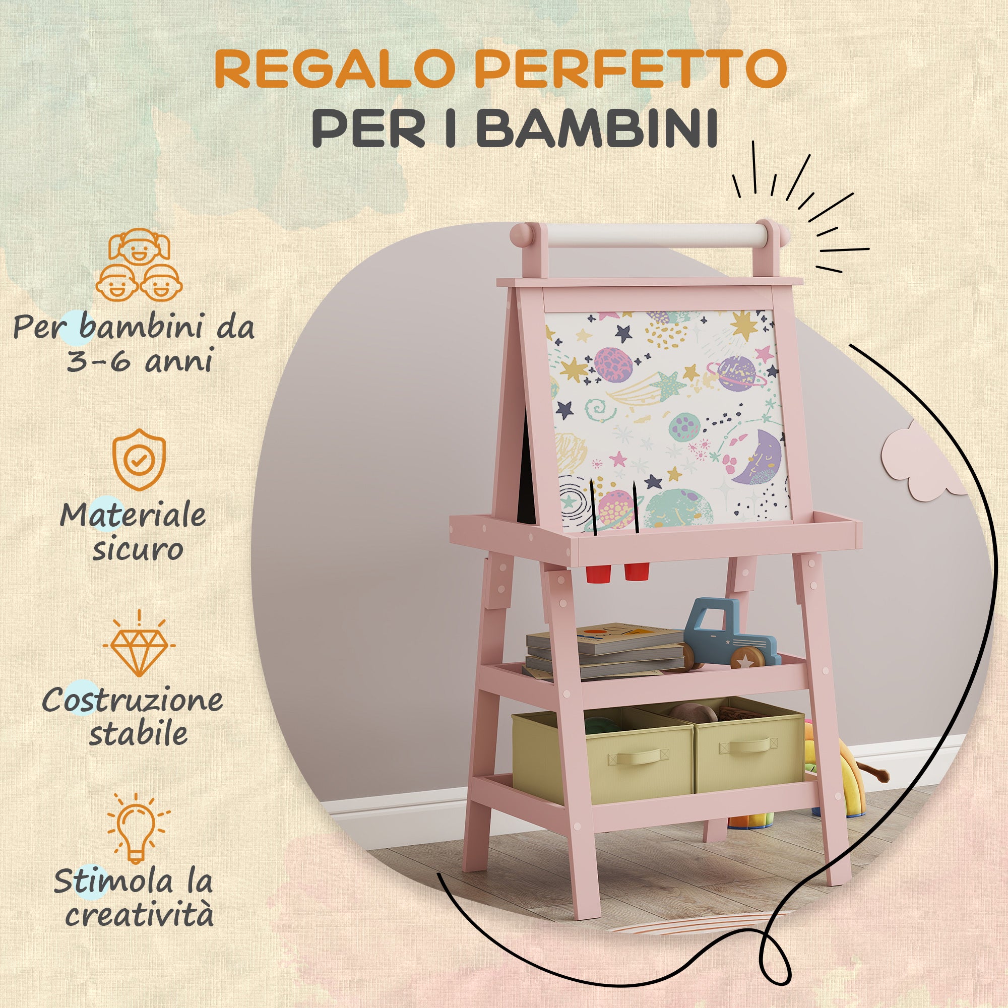 Lavagna per Bambini 59x48x118 cm a Gesso Magnetica e Rotolo di Carta in Legno Rosa