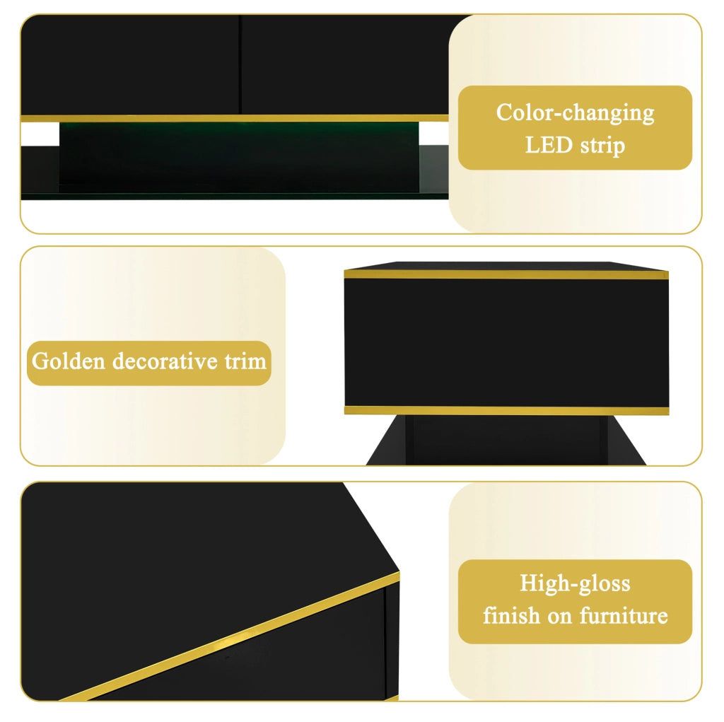 Tavolino da caffè moderno 100x50x40 cm nero con finiture oro, 3 cassetti e striscia LED USB