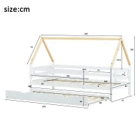 Letto a Casetta Con Letto Estraibile e Ruote, Letto Per Cameretta Senza Materasso, in Legno, 90x200&90x190 cm, Bianco