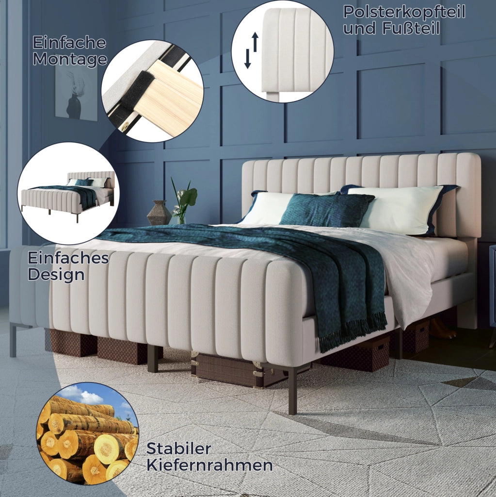 Letto imbottito 140x200 cm con testiera regolabile; rivestimento in lino grigio beige