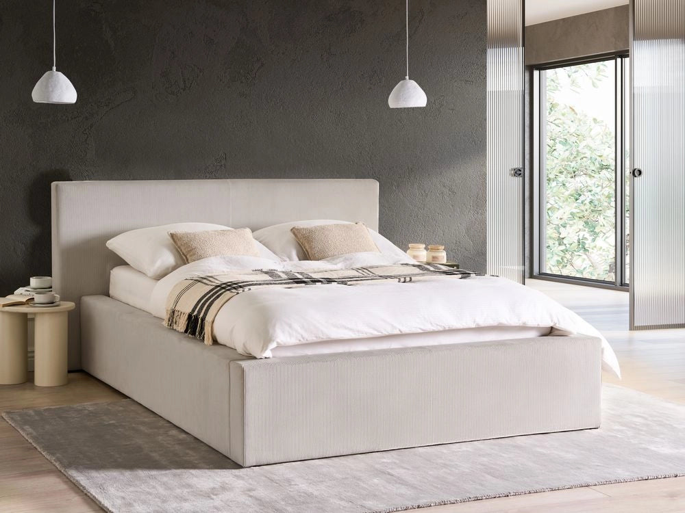 Letto con rete in velluto a coste beige chiaro rivestita in tessuto gambe in plastica contenitore 140 x 200 cm design moderno