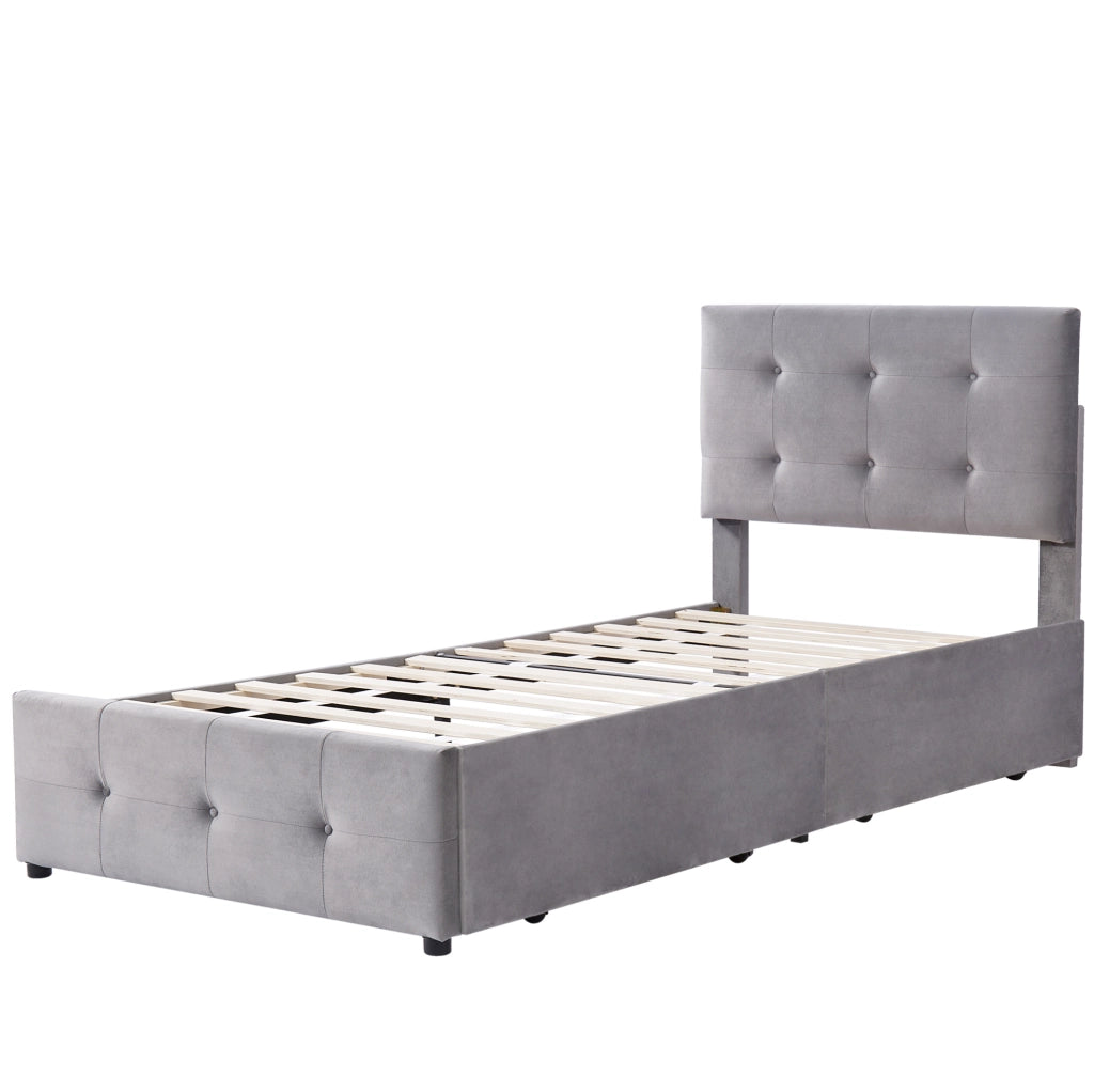 Letto singolo imbottito 90x200 cm con rete a doghe, testiera regolabile e 2 cassetti grigi in velluto