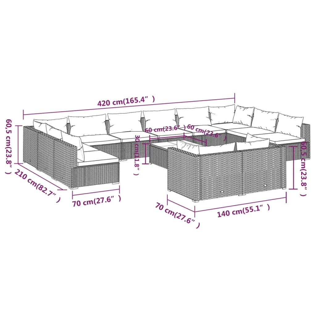 Set Divani da Giardino 13 pz con Cuscini in Polyrattan Nero cod mxl 34615