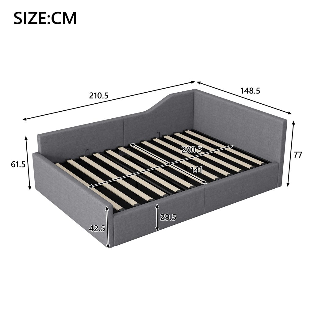 OKWISH Letto Divano 140×200 cm, Letto Matrimoniale con Vano Contenitore, Schienale e Braccioli, senza Materasso, in Tessuto Grigio