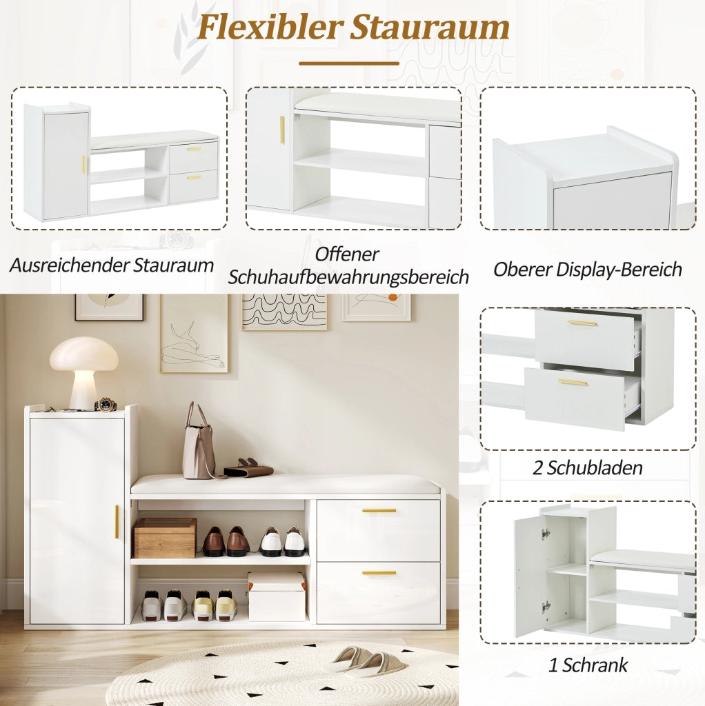 Scarpiera salvaspazio 128x30x68 cm con 2 cassetti; 1 anta e seduta imbottita; bianco lucido