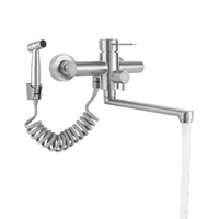 MASSIMO | Miscelatore Catering a parete Argento|Rubinetto cucina professionale in acciaio inox con doccetta|Beccuccio piatto da parete per ristorante