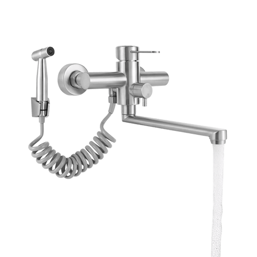 MASSIMO | Miscelatore Catering a parete Argento|Rubinetto cucina professionale in acciaio inox con doccetta|Beccuccio piatto da parete per ristorante