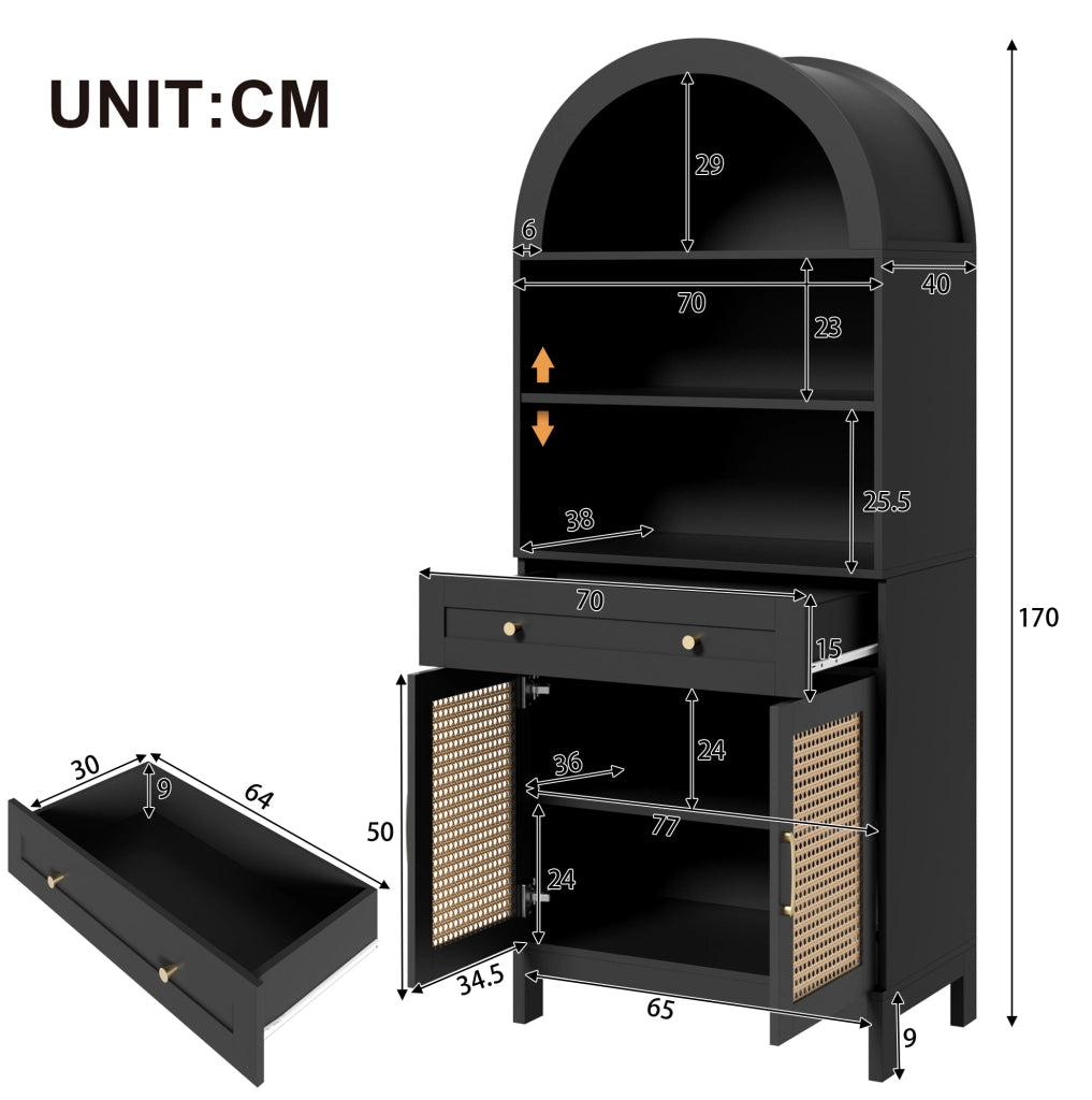 Vetrina con ante in rattan nero e legno, 70 x 40 x 170 cm