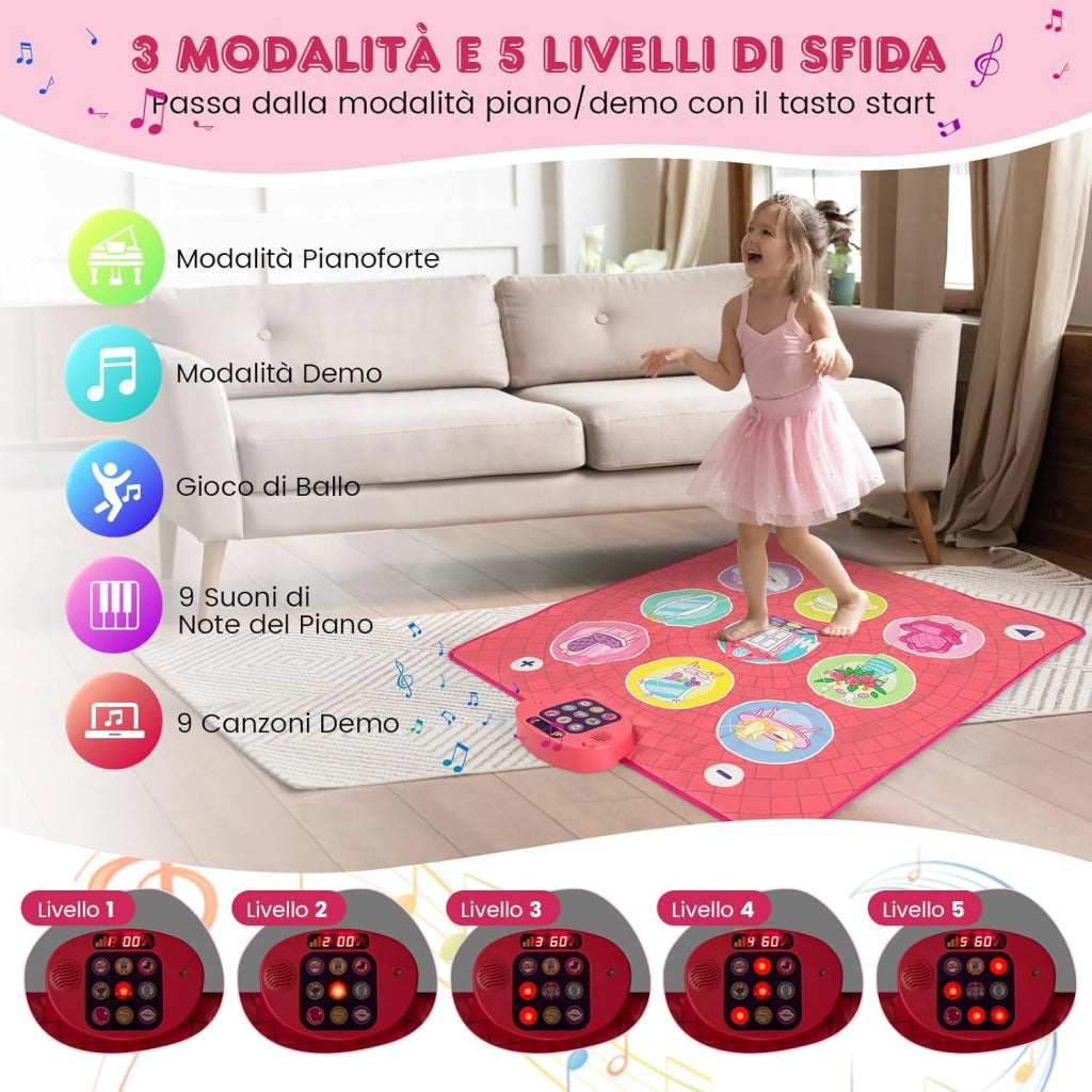 Tappeto da Ballo per Bambini, Gioco con 5 Livelli, 9 Suoni di Tastiera e 9 Canzoni Demo, Display del Punteggio e Volume Regolabile, Regalo Interattivo per Bambini 3+ Anni