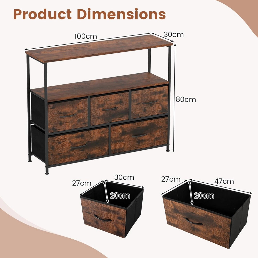 Cassettiera con 5 Cassetti in Tessuto e 2 Ripiani Aperti, Struttura in Metallo Resistente con Piano in Legno, Mobile Multiuso per Camera da Letto, Soggiorno e Corridoio, 100 x 30 x 80 cm