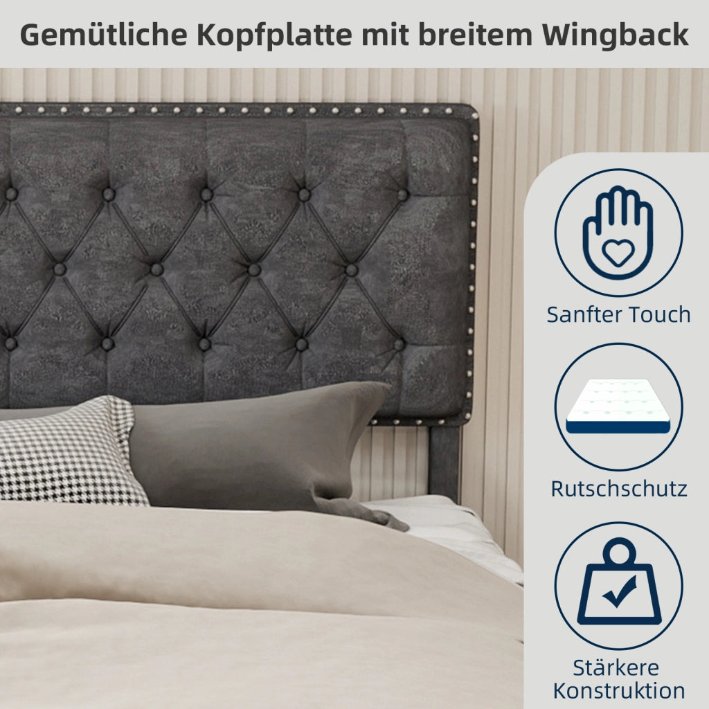 Letto Matrimoniale 160x200 cm - Testiera Imbottita; Spazio sotto il Letto - Grigio