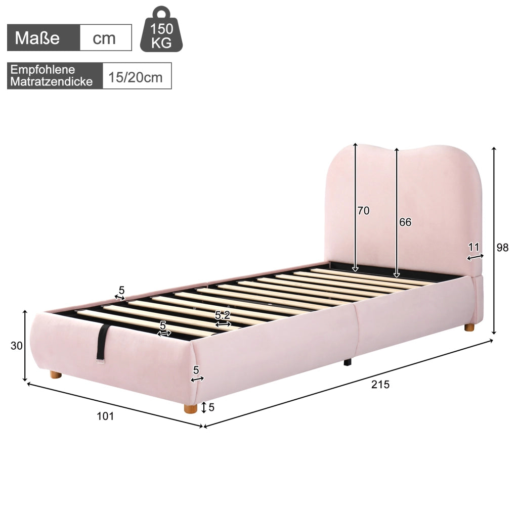 Letto imbottito per bambini in velluto rosa con contenitore idraulico e rete a doghe