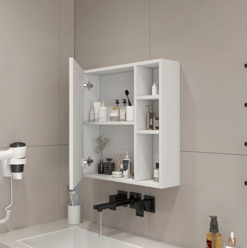 Armadio Specchiera da Parete 55×56 cm con Specchio di Sicurezza e Ripiani Interni, Bianco, per Bagno e Trucco