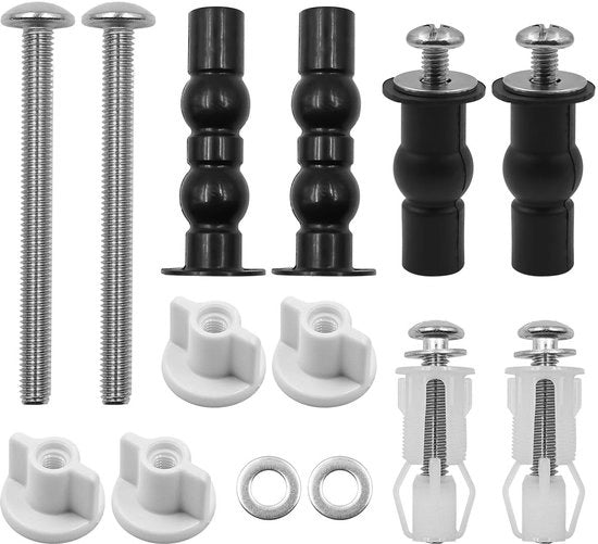 Kit di fissaggio per toilette universale - Set di montaggio in acciaio inossidabile - 4 x viti espansive - 2 x pellicola di allungamento - 6 x dischi metallici - Adatto per aperture 14-18 mm - Fissaggio per toilette