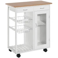 Carrello da Cucina con Ruote, Cassetti e 2 Cesti, Mobile da Cucina Salvaspazio in Legno di Pino, Bianco, 70 x 37 x 85cm