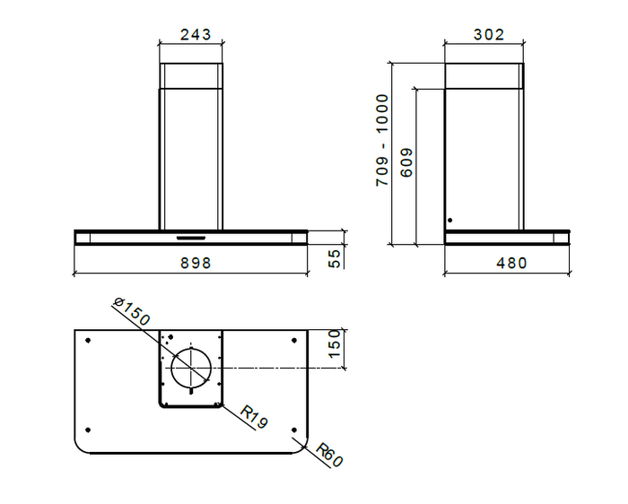CAPPA STIVIA PARETE - cm 90 - inox, nero - 800 m3/h