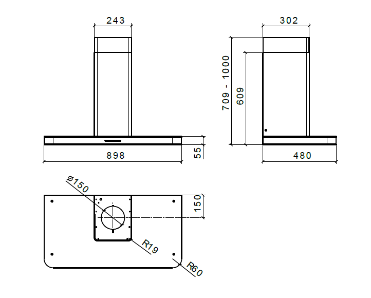 CAPPA STIVIA PARETE - cm 90 - inox, nero - 800 m3/h