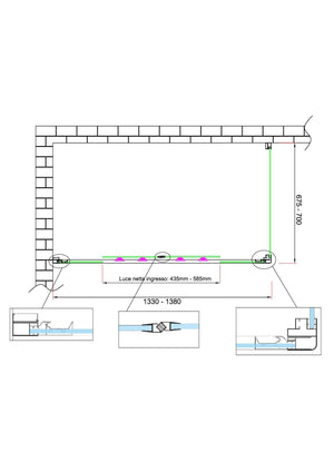 Box doccia 6 mm H 190 parete fissa e porta a 4 ante con apertura centrale MISURA 67,5-70 ANTA FISSA + PORTA 133-138 